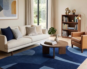 Handgetufteter Wollteppich in Abstrakten Marineblauen und Blauen Kurven, Moderner Geometrischer Schnittflorteppich für Wohnzimmer Schlafzimmer