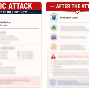 May include: Two rectangular informational cards with rounded corners. The left card is titled PANIC ATTACK WHAT TO DO RIGHT NOW and lists step one as STOP with the text This is frightening, but it will pass. The right card is titled AFTER THE ATTACK and features a glass of water icon with the text Drink some water.
