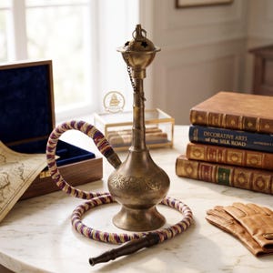 May include: A brass hookah with an engraved bulbous base and a long neck topped by a star-cut lid. A flexible hose wrapped in purple, gold, and white thread connects to the base, ending in a dark wooden mouthpiece, resting on a marble surface.