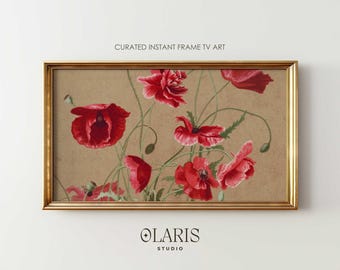 Vintage Red Poppies Botanical Frame TV Art – Spring Summer Floral Cottagecore (Digital Download)