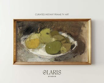 Impressionistic Pear Still Life Oil Painting – Rustic Green Frame TV Art, Cottagecore (Digital Download)