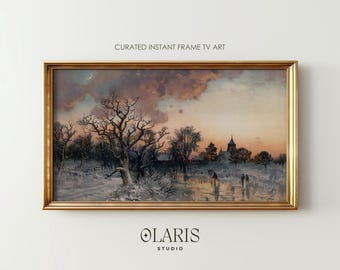 Vintage Winter Village Art – Ice Skating Snow Landscape Frame TV Art (Digital Download)