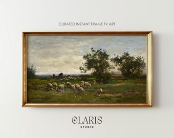 Antique Oil Painting Sheep – Grazing Sheep Landscape Frame TV Art (Digital Download)