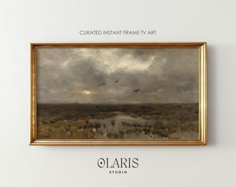 Moody Antique Oil Painting – Flying Birds Wetland Landscape | Neutral Frame TV Art (digital download)