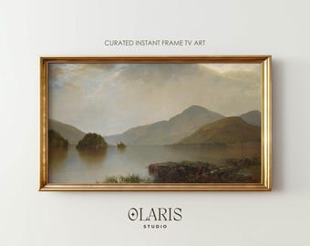 Moody Mountain Lake Landscape - Samsung Frame TV Art, Vintage Oil Painting (digital download)