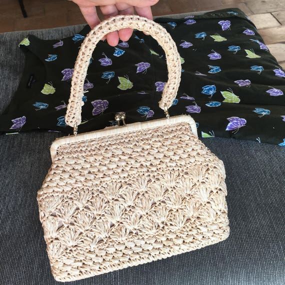 Original vintage crochet straw bag 60s