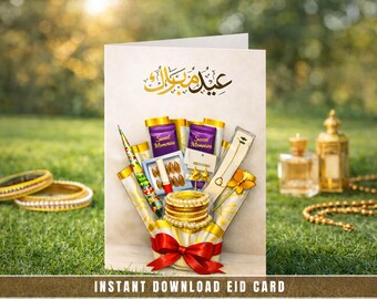 Eid Mubarak Gift Bouquet Card, Bangles and Henna Greeting Cards, Eidi jewelry Gift Basket Printable For Friends & Family, Instant Download