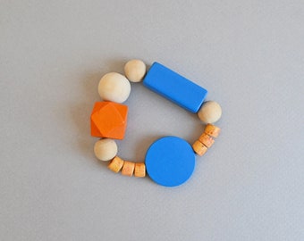 Blue and orange chunky stretch bracelet with geo wooden beads