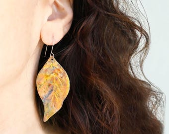 Copper Leaf Earrings, Handmade Boho Dangles, Colorful Flame Painted Patina, Hypoallergenic Ear Wire