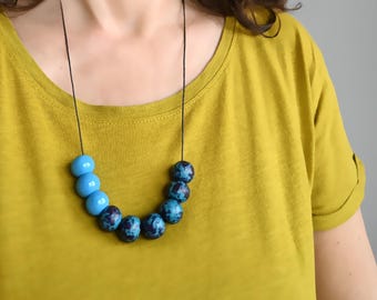 Blue Long Necklace With Round Ceramic Beads, Adjustable Rustic Clay Necklace