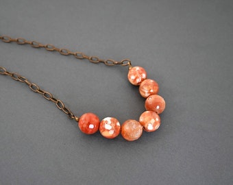 Red Crab Agate Necklace in rusted orange with brass chain