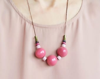 Pink Ceramic Necklace, Brass Accent, Long Adjustable Cord, Strawberry Shape Clay Beads