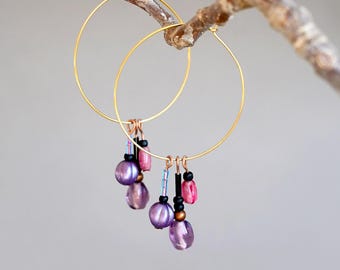 Gold  Steel Hoop Earrings, Czech Glass Charms, Purple  Pink Tiny Hoops