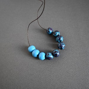 Blue long necklace with round ceramic beads, Adjustable rustic clay necklace, Robin egg necklace