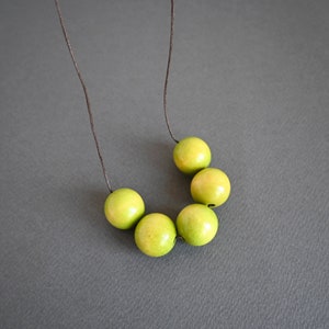 Apple Green wooden necklace with round beads and adjustable length image 1