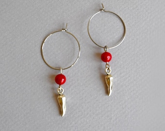 Rote Koralle Ohrringe, Chili Pepper Silber Anhänger, baumeln hypoallergene Stahl Creolen, Armreif Tropfen, Perlen lustige Kreise