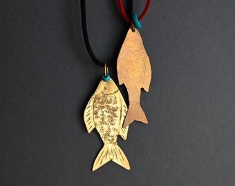 Handmade Brass Fish Pendant Necklace, Gold Charm Turquoise Accent, Boho Suede Cord Accessory
