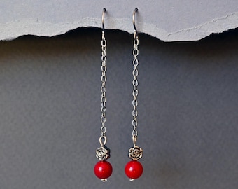 Long Silver Chain Earrings, Red Coral, Rose Charm Dangles