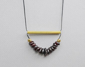 Garnet Necklace, Raw nugget beads with brass tube long gemstone necklace.