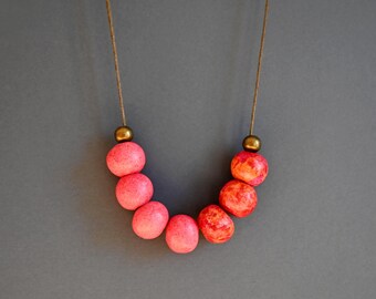 Watermelon Red Ceramic Necklace, Clay Rustic Asymmetric Style, Long Adjustable Cord