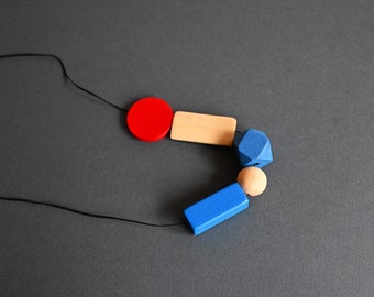 Geometric Wood Necklace ,  Navy Big Beads,  Long Adjustable Cord