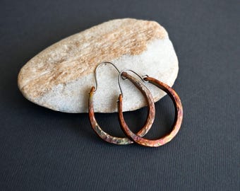 Small Copper Hoop, Handmade Hammered Boho Earrings, Colorful Patina, Hypoallergenic Ear Wire