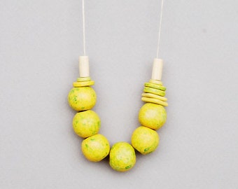 Yellow Green Ceramic Chunky Beads Necklace, Adjustable Cord Statement Jewelry
