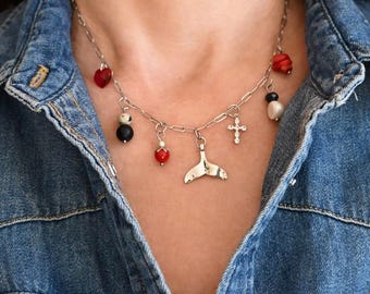 Multi Charm Pearl Necklace, Silver Paperclip Chain, Red Coral, Swarovski Cross, Red Heart, Jasper, Mermaid Tail