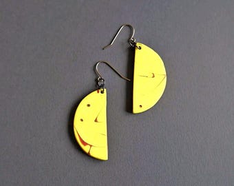 Half Circle Geometric Earrings, Handmade Yellow Clay Dangle, Stainless Steel Ear Wire