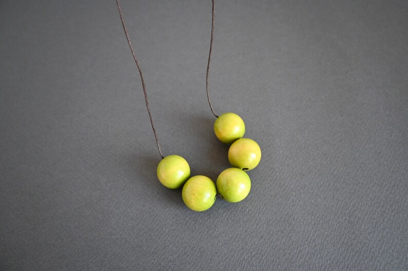 Apple Green wooden necklace with round beads and adjustable length image 1