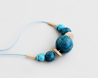 Blue and beige handmade polymer clay necklace