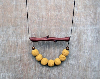 Lava bead yellow necklace, Long beaded necklace, Handmade clay branch, Twig necklace