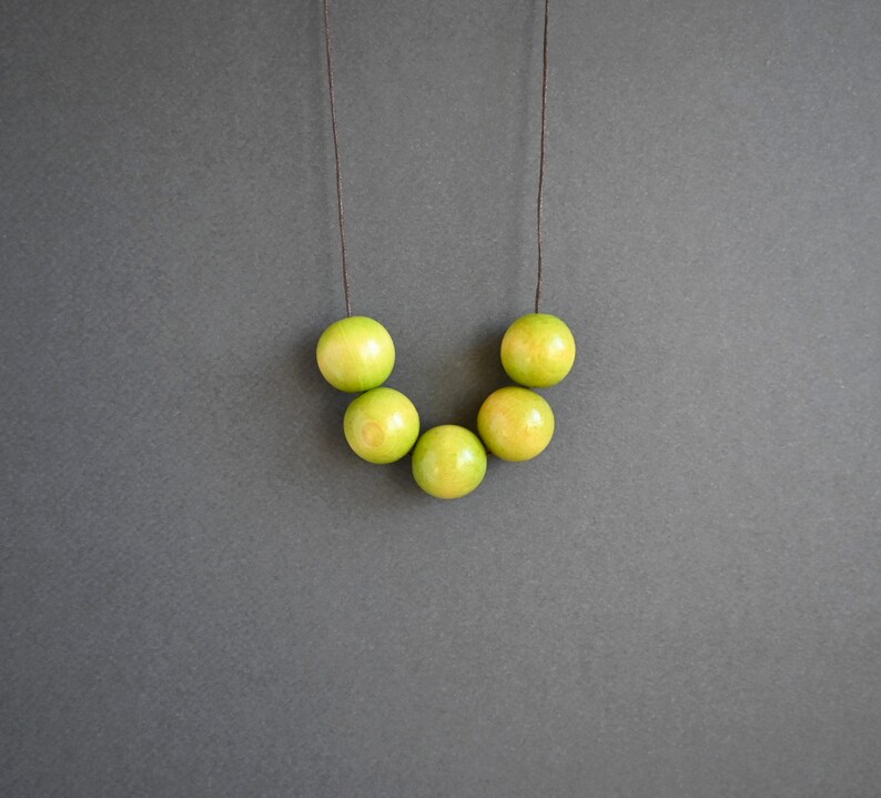 Apple Green wooden necklace with round beads and adjustable length image 2