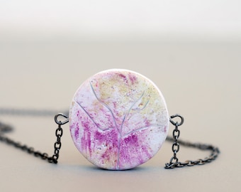 Circle Handmade Necklace, White Hollow Big Bead Geometric Pendant, Unique Clay Necklet, Long Customize Chain