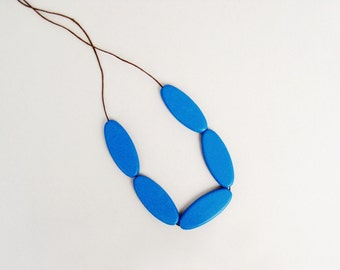 Blue Ellipse Long Geometric Necklace with chunky wooden beads