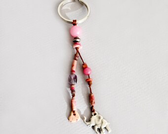 Elephant Keychain Charm, Rustic Ceramic Agate Key Holder, Beaded  Pink Charm Lanyard, Lucky Charm