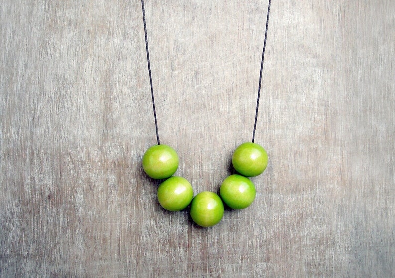 Apple Green wooden necklace with round beads and adjustable length image 5