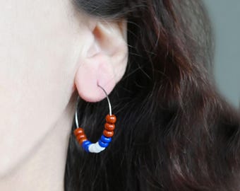 Beaded Hoop Earrings, White Blue Brown Glass, Stainless Steel Boho Beach Creole (3cm)