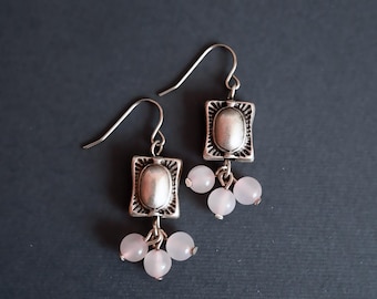 Chandelier Rose Quartz Earrings,  Art Deco Silver Dangle, Stainless Steel Ear Wire