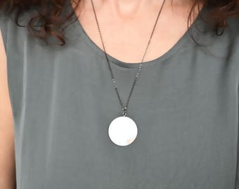 White  Circle Shell Pendant, Mother-Of-Pearl Minimalist Necklace, Custom Length Chain