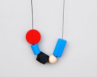Blue And Red Necklace, Long Geometric Wood Necklace