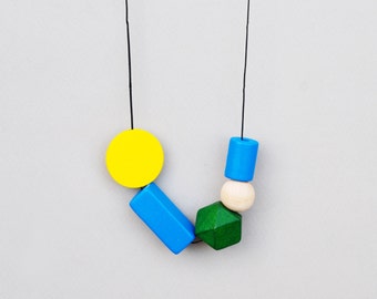 Geometric Wooden Necklace in Blue and Yellow with bold beads and adjustable length