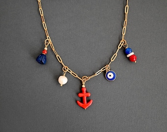 Multi Charm Nautical Halskette, Gold Paperclip Kette, Strand inspiriert Anhänger Accessoire Strang, gemischte Edelstein hängend