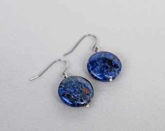 Sodalite Coin Earrings, Gemstone dangle earrings