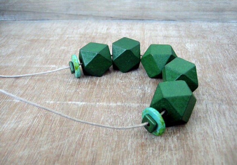 Dark green geometric necklace with wooden beads and adjustable length image 1