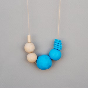 Blue geometric  polymer clay necklace, Statement necklace with big handmade beads, Clay and wood adjustable cord necklace