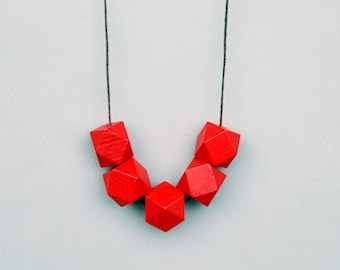 Red Geometric Necklace with big chunky beads and adjustable length