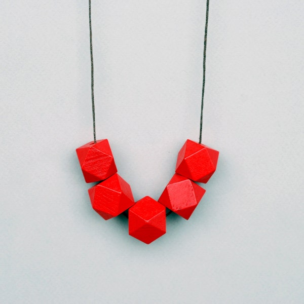 Red Geometric Necklace with big chunky beads and adjustable length
