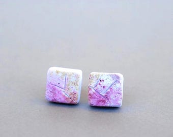 Handmade Polymer Clay Square Studs, Carved White, Pink Nature Inspired Earrings, Stainless Steel Posts