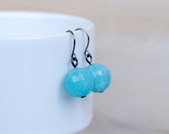 Blue Agate drop earrings, Delicate dangle earrings with stainless steal ear wire